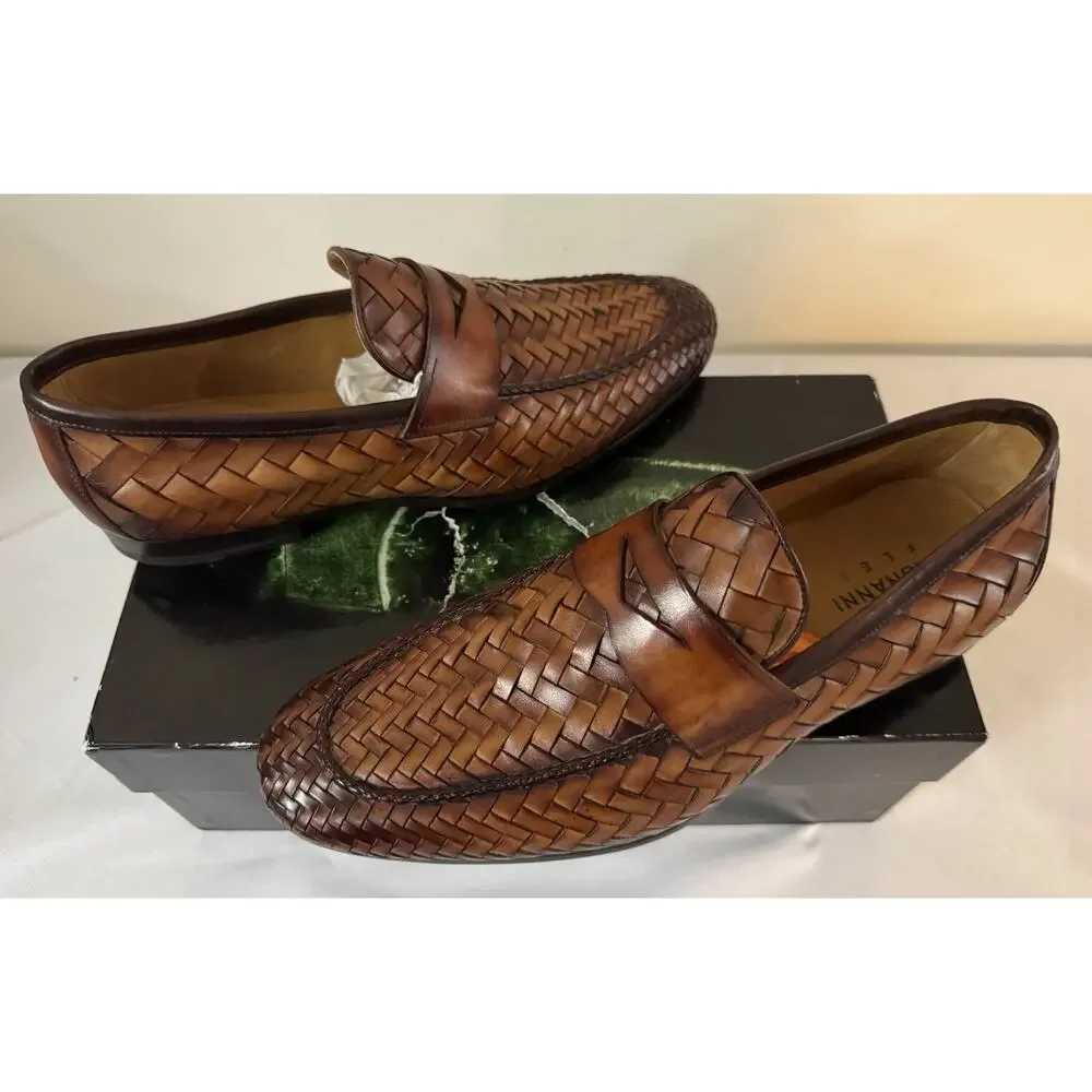 NIB Magnanni ‘Herman’ Cognac Brown Woven Leather Loafers 43.5EU/10.5US $595.00